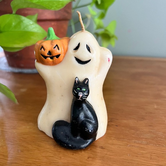 Walmart Other - Vintage Halloween Ghost Black Cat Pumpkin Candle 4 Inch Retro Decor